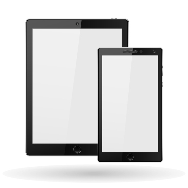 Nowoczesny tablet cyfrowy PC z mobilnym smartfonem na białym tle. Wektor - Wektor, obraz
