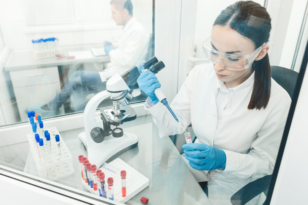 Skillful young scientists examining virus in laboratory - Fotoğraf, Görsel