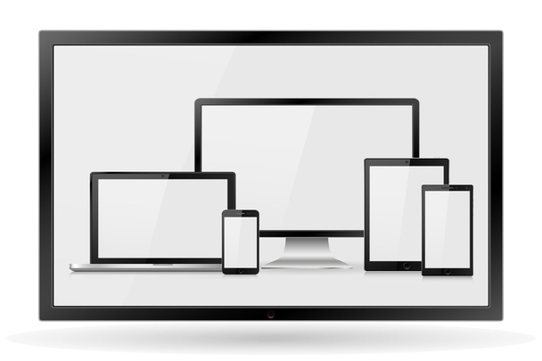 Conjunto de monitor de ordenador realista, TV, lcd, led, ordenador portátil, tableta y teléfono móvil con pantalla blanca vacía. Varios aparatos electrónicos modernos aislados sobre fondo blanco. Ilustración vectorial
 - Vector, imagen