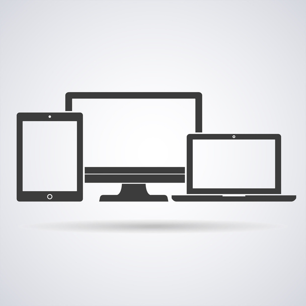 векторная иллюстрация ноутбук, телефон, планшетные силуэты, контуры на белом фоне, с пустым белым экраном
 - Вектор,изображение