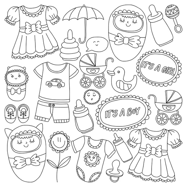 Ícones de bebê Conjunto de vetor de doodle desenhado à mão
 - Vetor, Imagem
