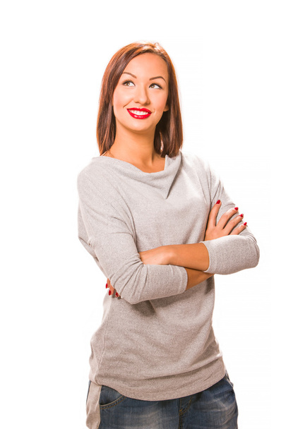Каштановые волосы красивая женщина с крестиком руки носить серую рубашку
 - Фото, изображение