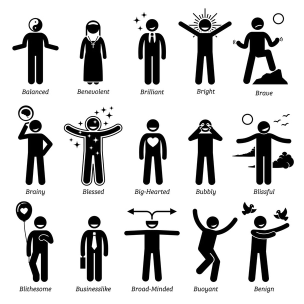 Personalidades Positivas Rasgos de Carácter. Figuras de palo Hombre iconos. A partir del alfabeto B
. - Vector, imagen