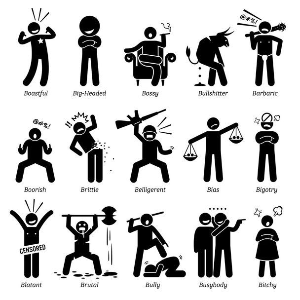 Negative Personalities Character Traits. Stick Figures Man Icons. Starting with the Alphabet B. - Vector, Image