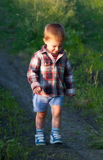 χαριτωμένο μικρό αγόρι περπάτημα στη φύση, ηλιόλουστη, ανοιξιάτικη ημέρα - Φωτογραφία, εικόνα
