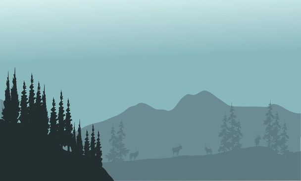 Collines paysagères avec silhouette d'épinette et d'antilope
 - Vecteur, image