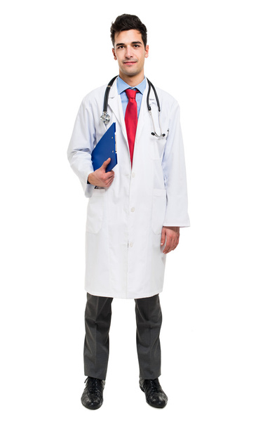 male doctor with stethoscope holding folder - 写真・画像