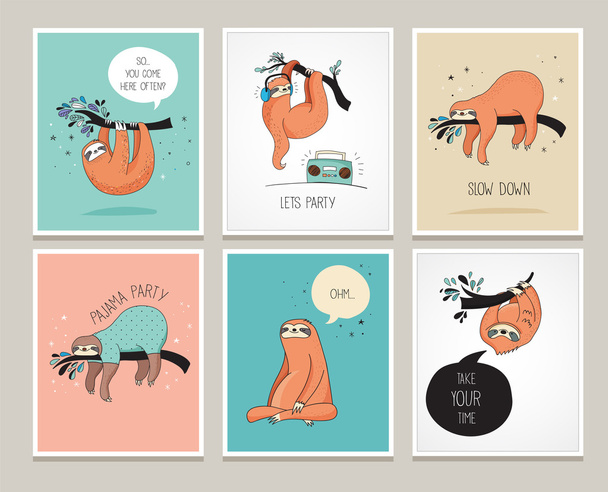 Roztomilý ručně kreslenou lenochodi ilustrací, legrační karty - Vektor, obrázek