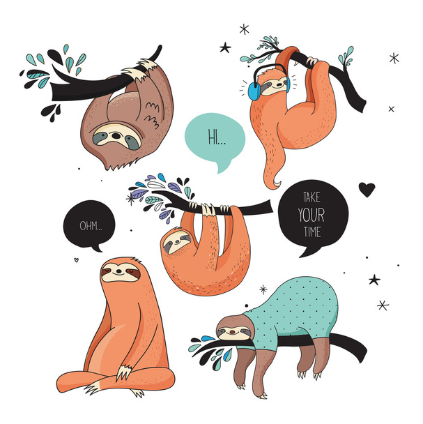 Bonito mão desenhado preguiças ilustrações, design vetor engraçado
 - Vetor, Imagem