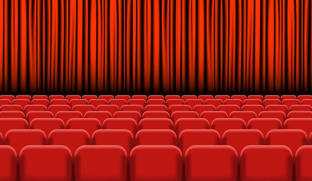 Auditorio de teatro con filas de asientos rojos y escenario con cortina
  - Vector, Imagen