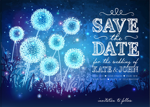 Amazing dandelions with magical lights of fireflies at night sky background. Inspiration card for wedding, date, birthday, holiday or garden party. Save the Date - Vector, Image