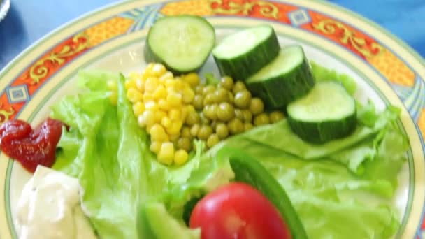 Dish with fresh vegetables on colored plate - Felvétel, videó