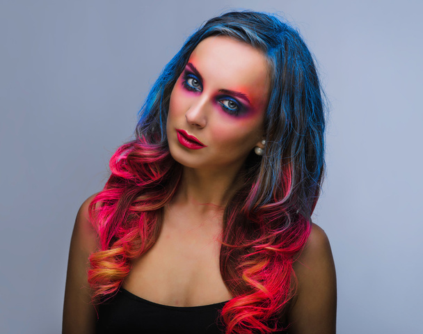 Beautiful make up, hard colors red and blue , studio  - Fotoğraf, Görsel