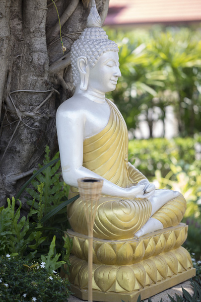 Ασημένιο άγαλμα του Βούδα με χρυσό ρόμπα στον κήπο - Φωτογραφία, εικόνα
