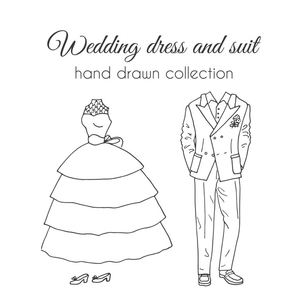 Wedding dress and suit illustration. Sketchy style. Hand drawn bride and groom ceremony wear design - Vector, Image