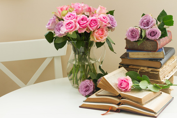 Old books with rose flower - Fotografie, Obrázek
