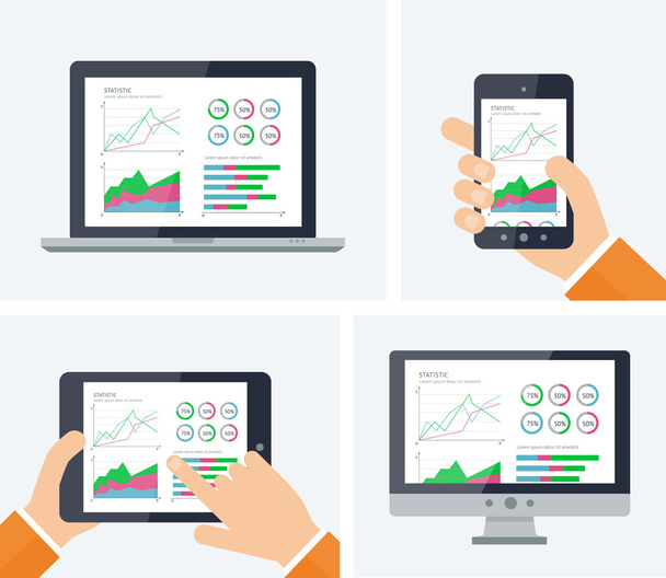 Flat vector infographic with graphs and charts elements on screens various devices. Finance statistics report, mobile app ui kit, tehnology - Vector, Image