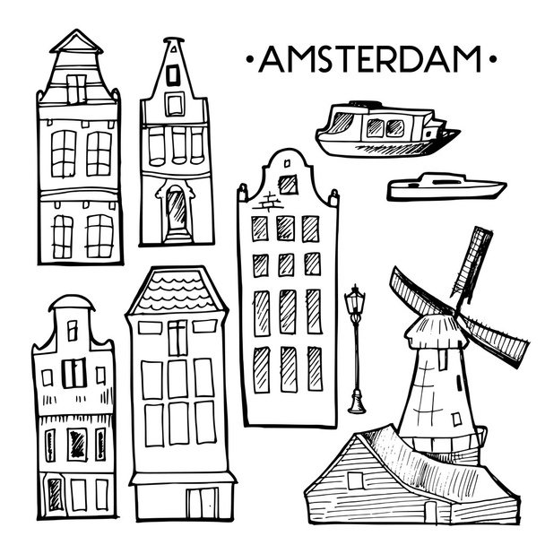 Pozadí s ručně kreslenou doodle Amsterdam domy. Izolovaná černá a bílá. Vektorové ilustrace. - Vektor, obrázek