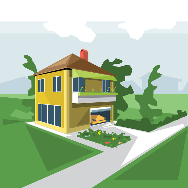 A house in 2 floors, view from perspective, with flowers at the balcony and a yellow car in the garage and green garden, digital vector image - Vector, Image