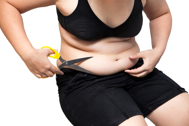 Dikke vrouw gesneden zwaarlijvige buik en cellulitis plastische chirurgie liposuctie concept - Foto, afbeelding