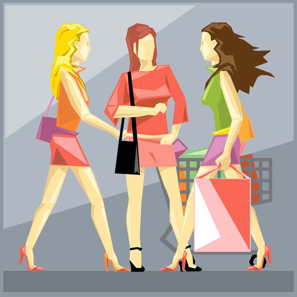 Shopping ladies in red dresses and red and black shoes, on a silver sliced background, in big pixel style with bags and basket, digital vector image - Vector, Image