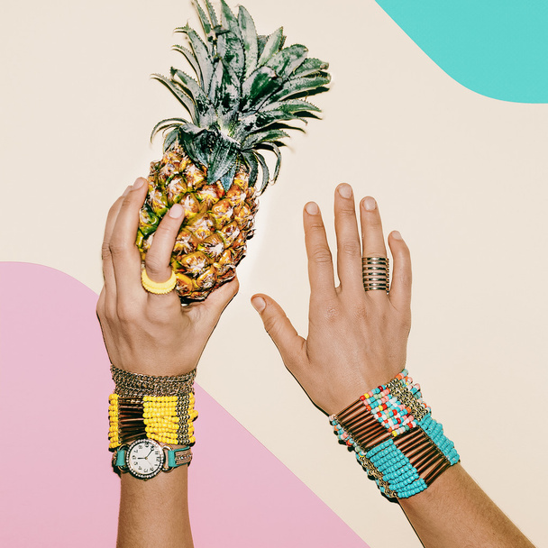 Pineapple tropics. Fashion jewelry. Pastel colors trend. - Zdjęcie, obraz