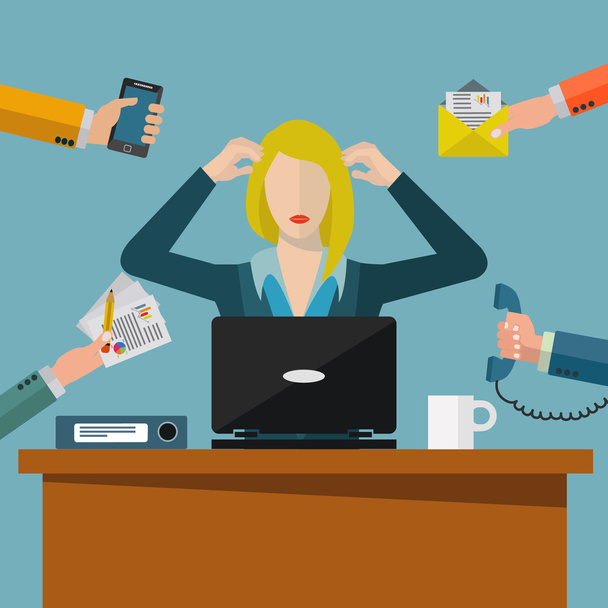 Przepracowany biznes kobieta, ilustracji wektorowych stres środowiska pracy - Wektor, obraz