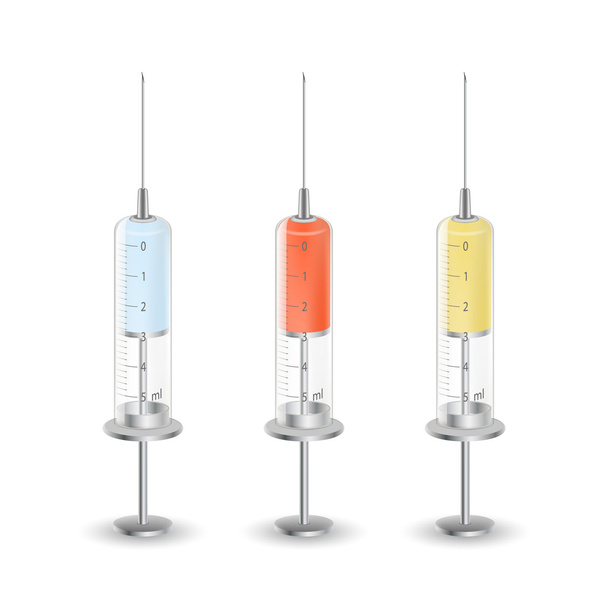 Realistic glass syringe with the fluid different color - Vector, imagen