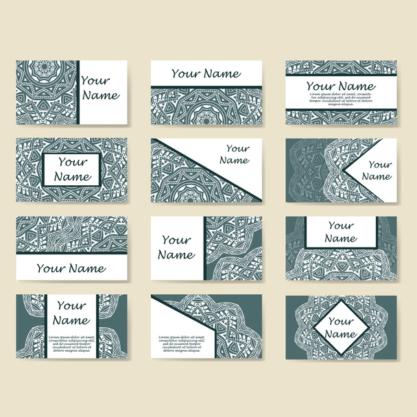 Conjunto de tarjetas de visita. Patrón vintage en estilo retro con mandala. Dibujado a mano Islam, árabe, indio, patrón de encaje
 - Vector, imagen