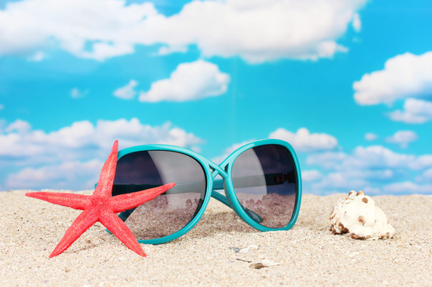 Elegant women's sunglasses with starfish and shell at the beach - Фото, изображение