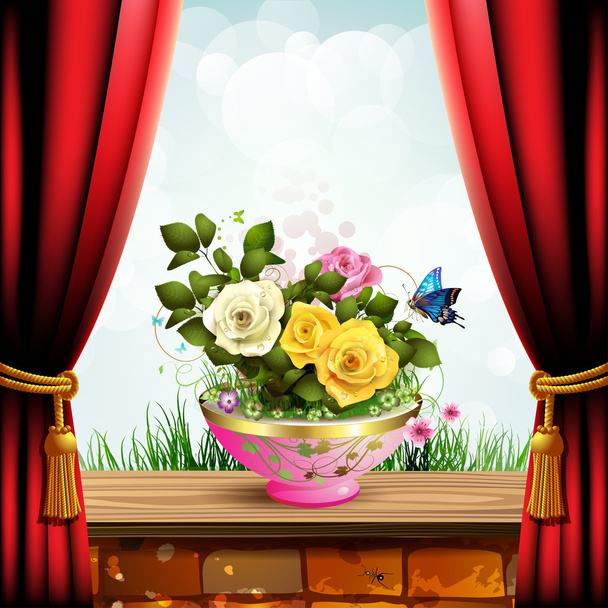 Flowerpot with roses - Vettoriali, immagini
