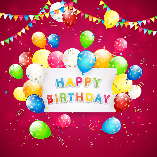 Globos de cumpleaños y oropel sobre fondo rojo festivo
 - Vector, imagen