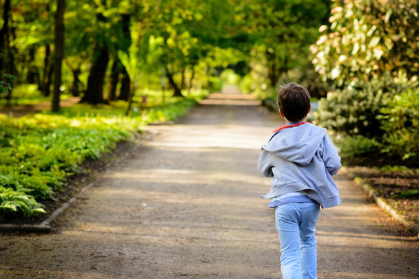Μικρό αγόρι τρέξιμο στο πάρκο. Πίσω όψη - Φωτογραφία, εικόνα