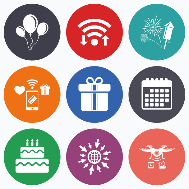 Birthday party icons. Cake and gift box symbol - ベクター画像