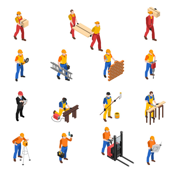 Stavitelé stavebních pracovníků izometrické kolekce ikon  - Vektor, obrázek