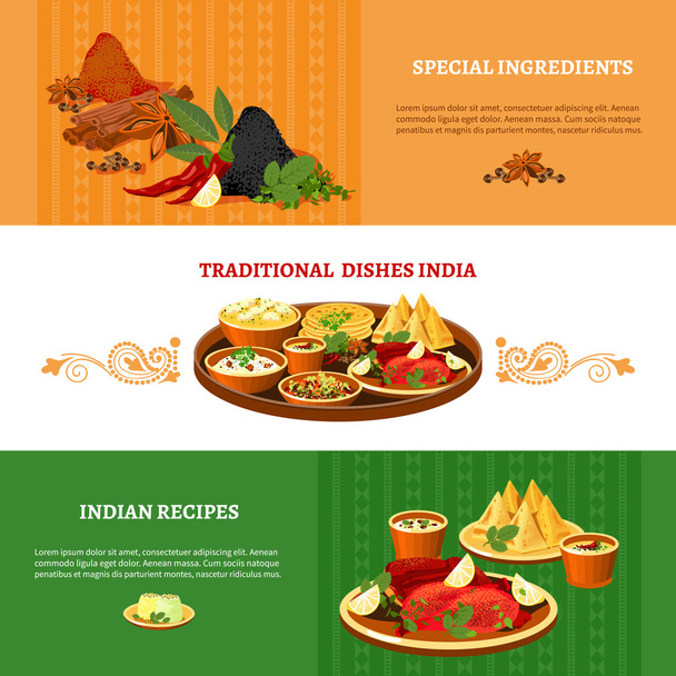 Indian Cuisine 3 Flat Banners Set - Vector, Image