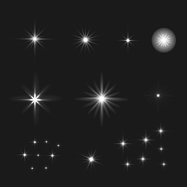 Набор векторных светящихся световых эффектов звезды вспыхивают блестками на черном фоне. Звезды
.  - Вектор,изображение