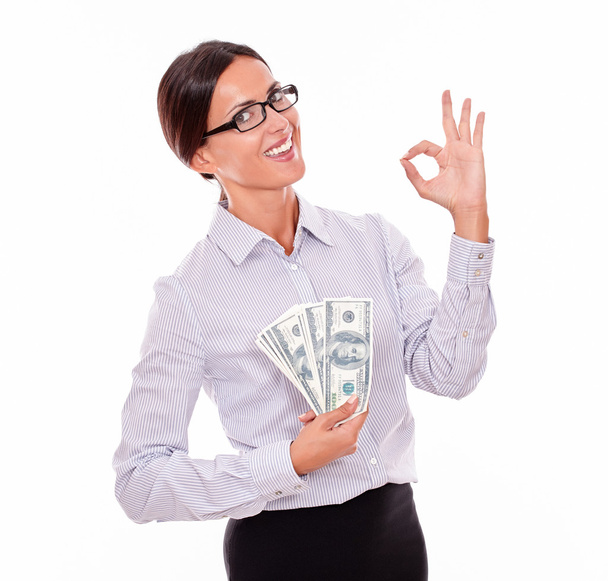 businesswoman showing money and OK sign - Zdjęcie, obraz