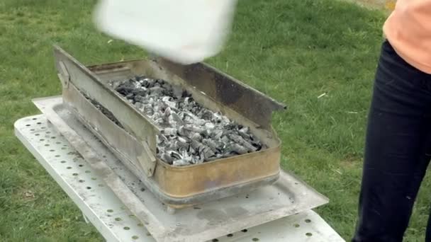 Fille souffle charbons et braises dans un brasero barbecue
 - Séquence, vidéo
