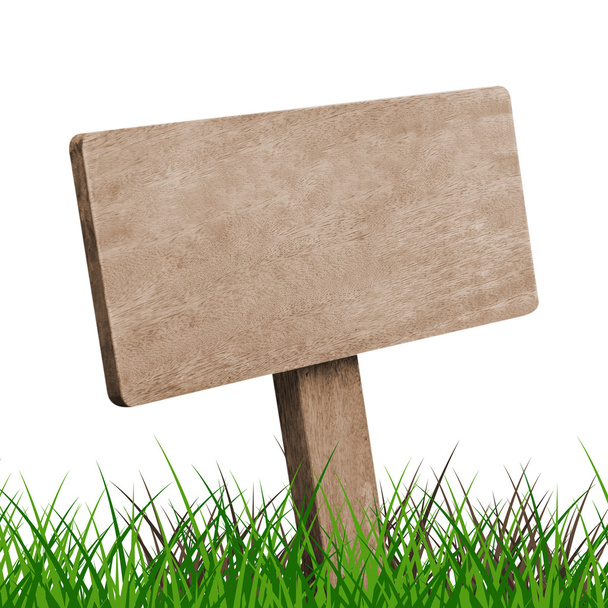 Letrero de madera marrón con hierba sobre fondo blanco
 - Foto, Imagen