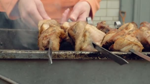Ζύμες μπάρμπεκιου με κρέας που μαγειρεύεται σε Brazier - Πλάνα, βίντεο