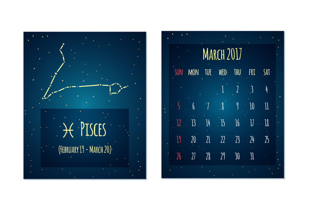 Vector calendar for March 2017 in the space style. Calendar with the image of the Pisces constellation in the night starry sky. Elements for creative design ideas of your calendar - Вектор,изображение