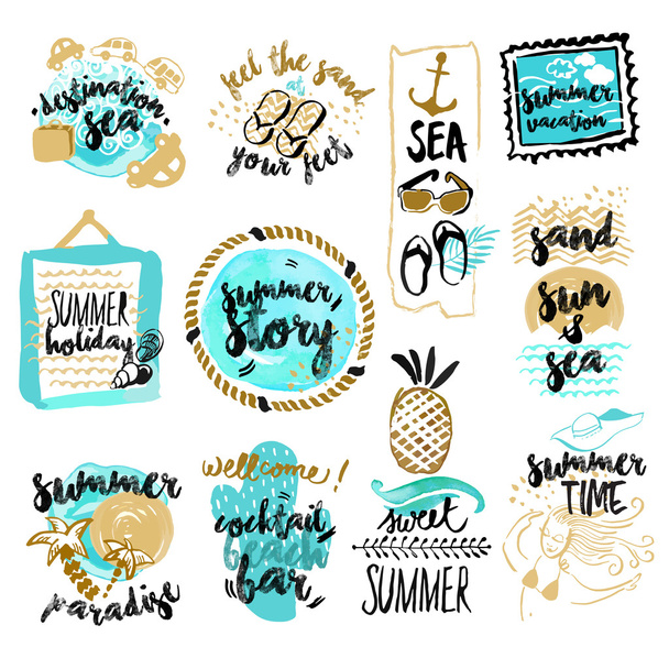 Set of hand drawn watercolor badges and stickers of summer. - Vetor, Imagem