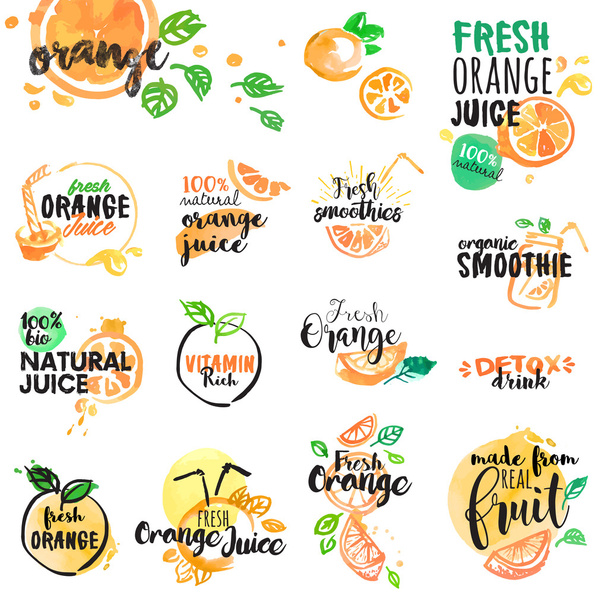 Conjunto de etiquetas de acuarela dibujadas a mano y signos de zumo de naranja y batidos
 - Vector, Imagen