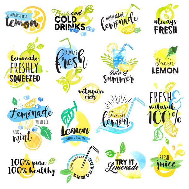Conjunto de etiquetas de aquarela desenhadas à mão e sinais de limão e limonada
 - Vetor, Imagem