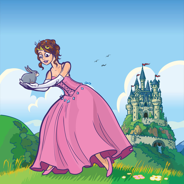 Prinzessin hält Kaninchen mit Burg-Vektor-Karikatur - Vektor, Bild