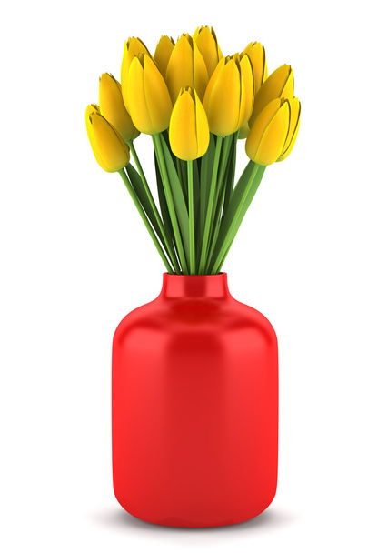 Bouquet of yellow tulips in red vase isolated on white background - Foto, afbeelding