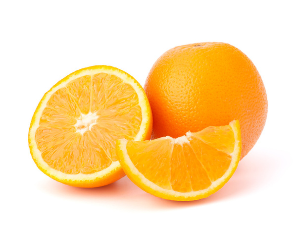 Sliced orange fruit segments isolated on white background - Фото, изображение