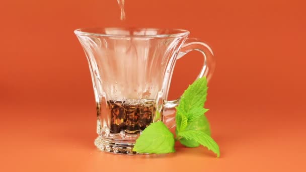 Herbaty wlewa się do szkła kubek i mięta liść na brązowym tle. - Materiał filmowy, wideo