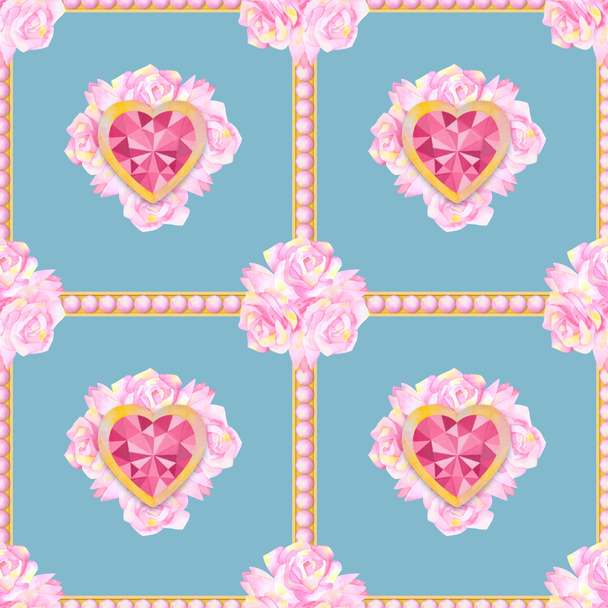 Watercolour seamless pattern with hearts and flowers - Foto, Bild